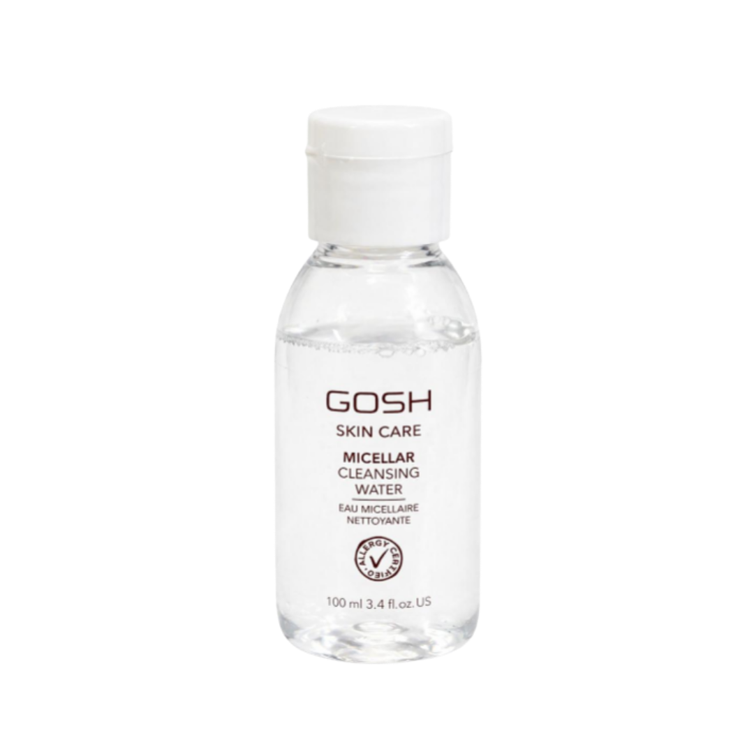 GOSH micellar cleansing water bottle 100ml, clear liquid skincare remover with white cap packaging.