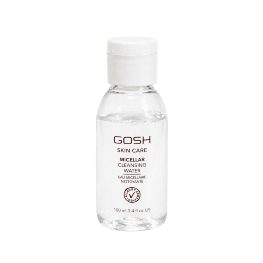 GOSH micellar cleansing water bottle 100ml, clear liquid skincare remover with white cap packaging.