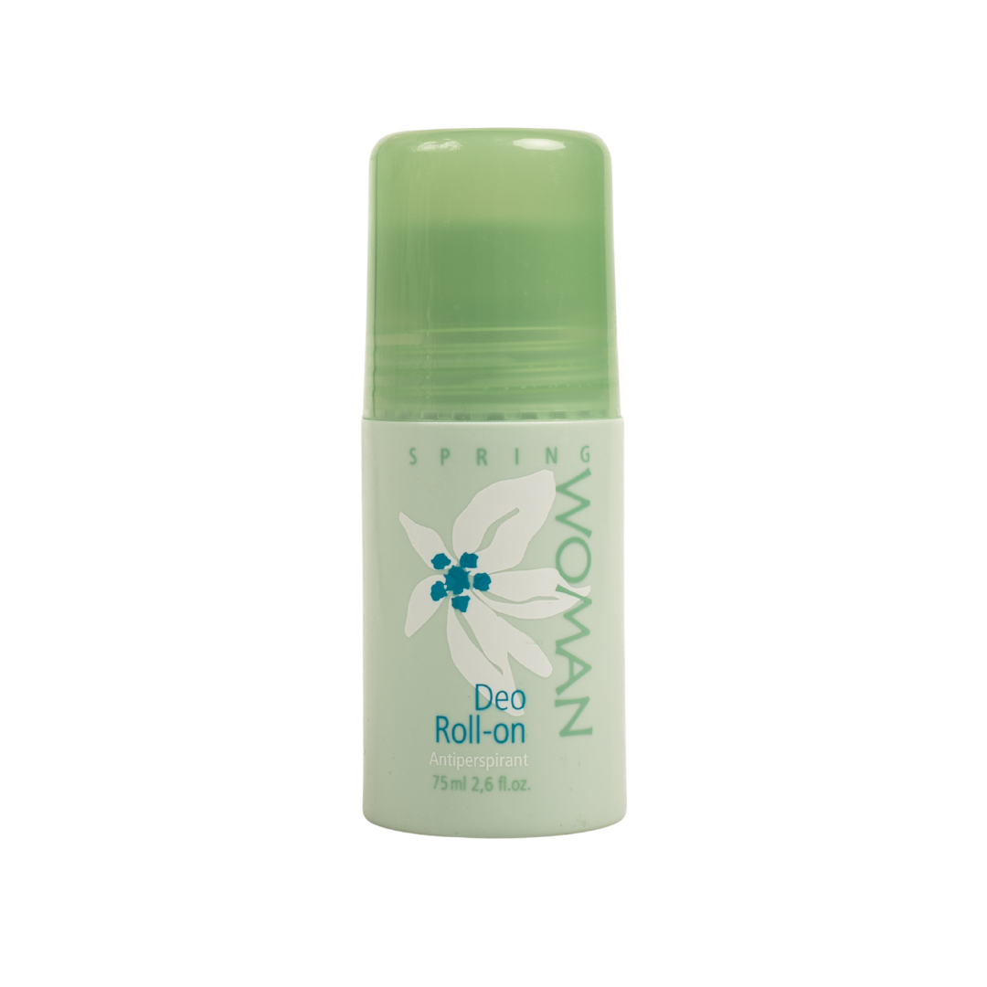 Spring Woman Deo Roll-on antiperspirant, 75 ml bottle with green cap and white floral graphic
