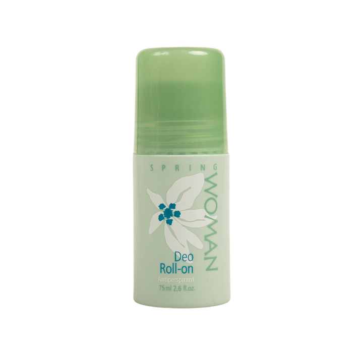 Spring Woman Deo Roll-on antiperspirant, 75 ml bottle with green cap and white floral graphic
