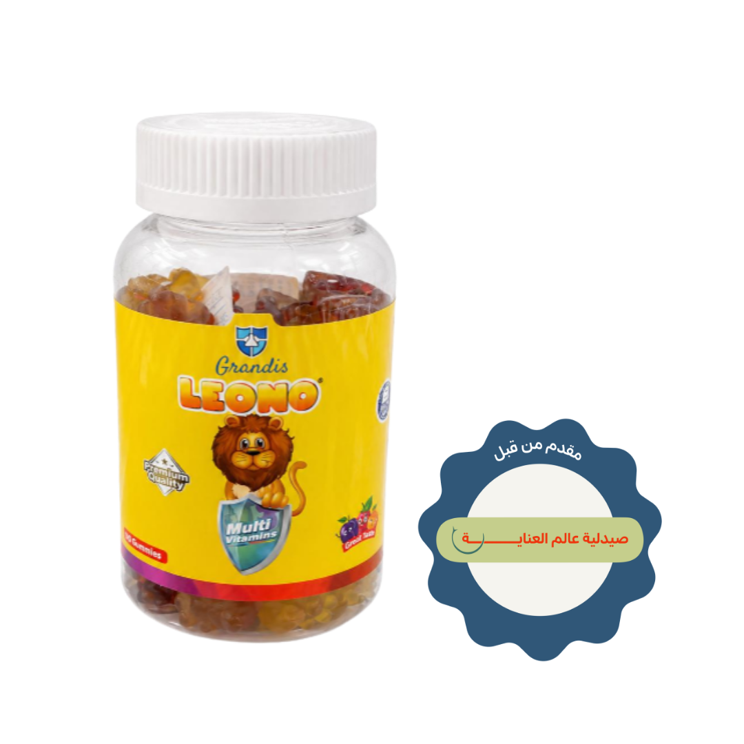 Grandis Leono Multi Vitamins gummies, assorted fruit shapes, in clear jar with yellow label and white cap.