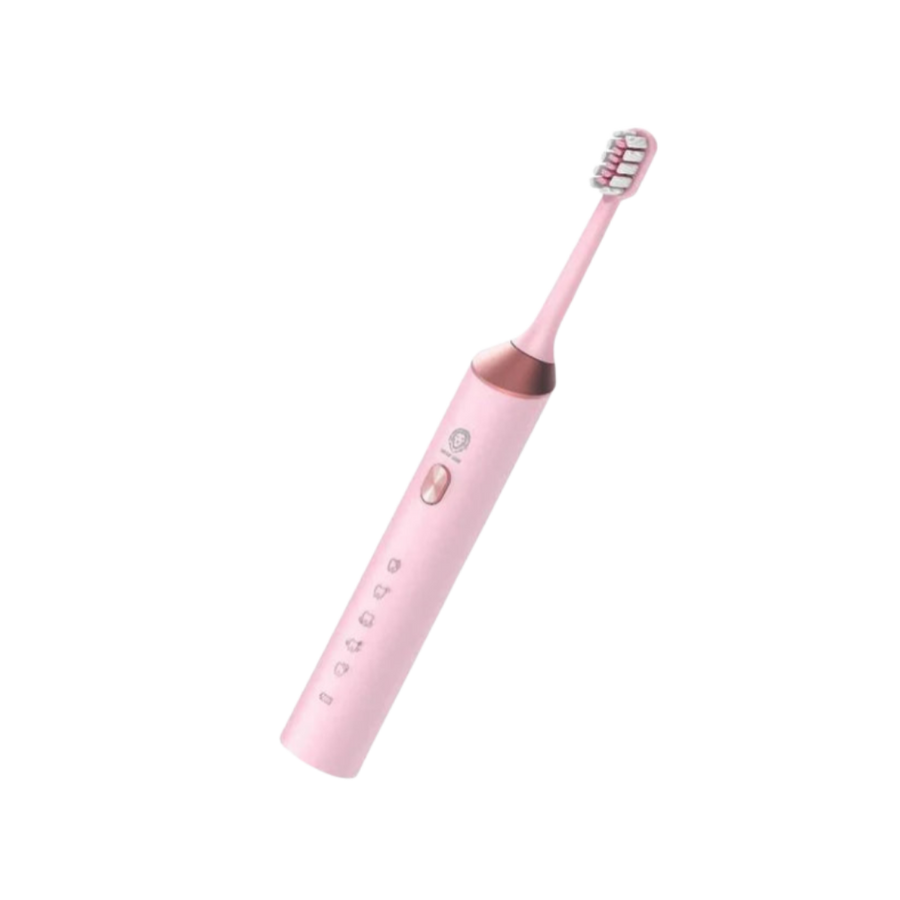 Pink electric toothbrush with rose-gold accent, compact brush head, power button, and multiple mode indicators.