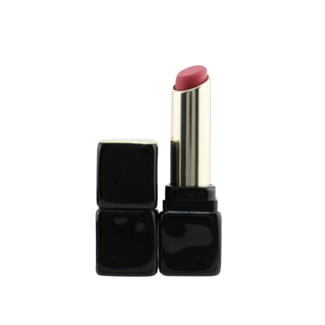 Muted rose lipstick in gold tube with glossy black square case and matching cap.