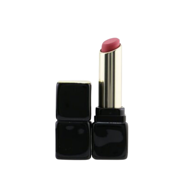 Muted rose lipstick in gold tube with glossy black square case and matching cap.