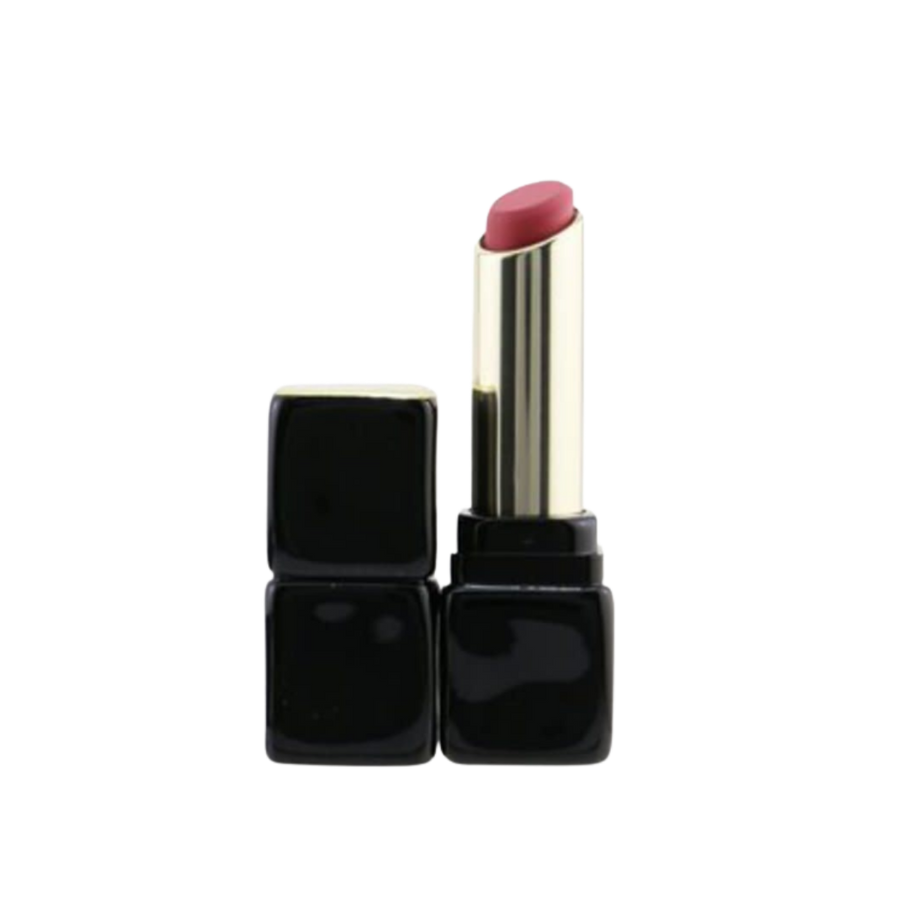 Muted rose lipstick in gold tube with glossy black square case and matching cap.