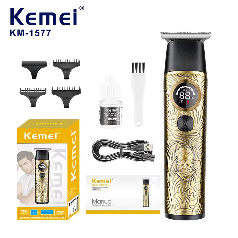 Kemei LCD Digital High-Speed Hair Clipper With Stainless Steel Carving Blade | مكينة حلاقة كيمى KM-1577 بشاشة رقمية ملونة عالية القوة