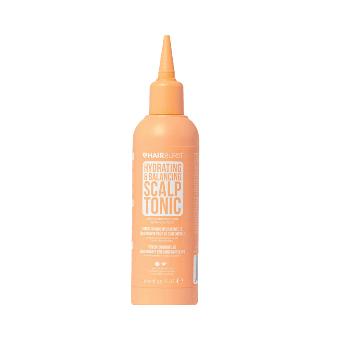Hairburst Hydrating & Balancing Scalp Tonic Serum, 100ml orange bottle with pointed applicator nozzle.