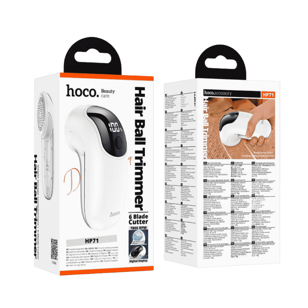 HOCO HP71 digital hair ball trimmer with six blade cutter and white black design in box.
