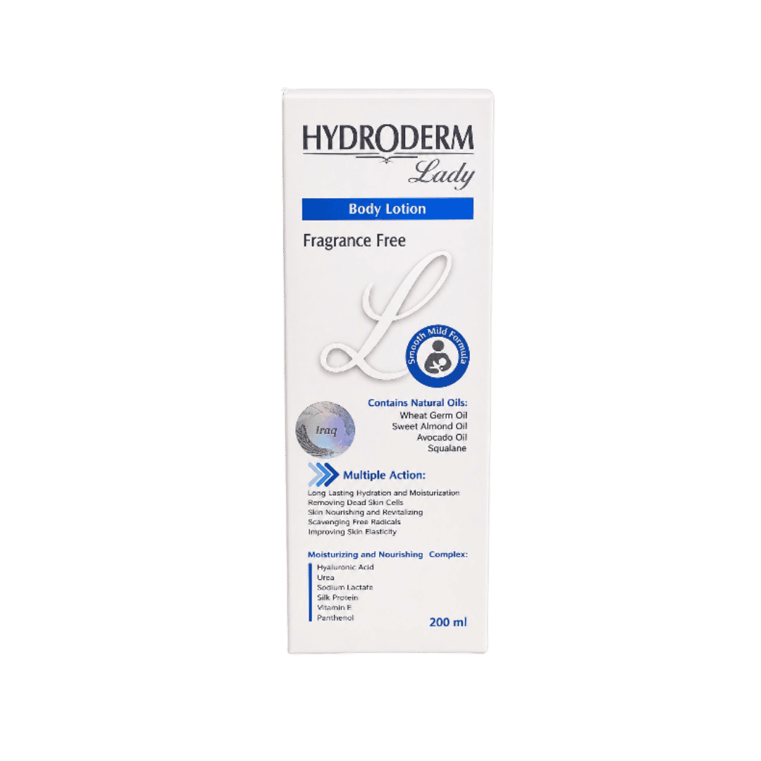 Hydroderm Lady fragrance-free body lotion, white 200ml box with blue label and natural oils