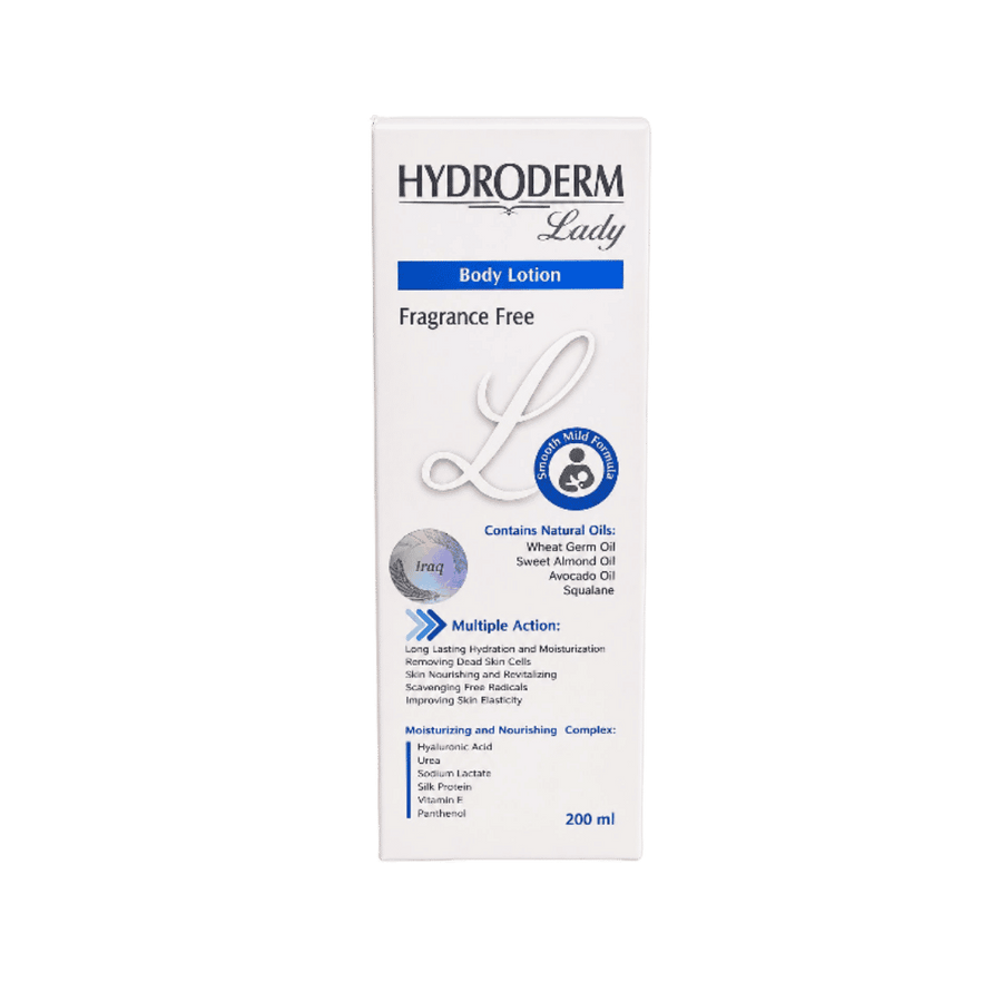 Hydroderm Lady fragrance-free body lotion, white 200ml box with blue label and natural oils