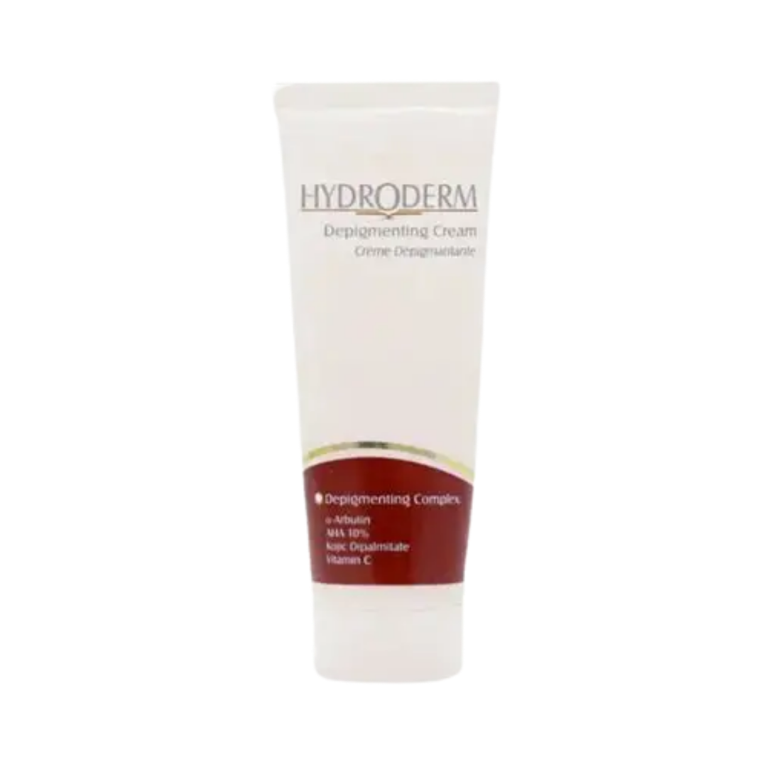 HYDRODERM Depigmenting Cream, 25ml, with red and white packaging, featuring a depigmenting complex