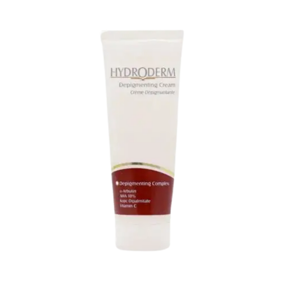 HYDRODERM Depigmenting Cream, 25ml, with red and white packaging, featuring a depigmenting complex