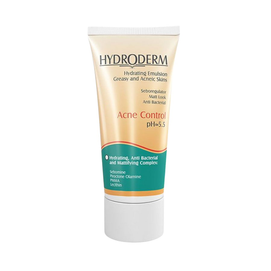 Hydroderm hydrating emulsion tube for greasy and acneic skin, acne control formula, 40ml plastic tube packaging