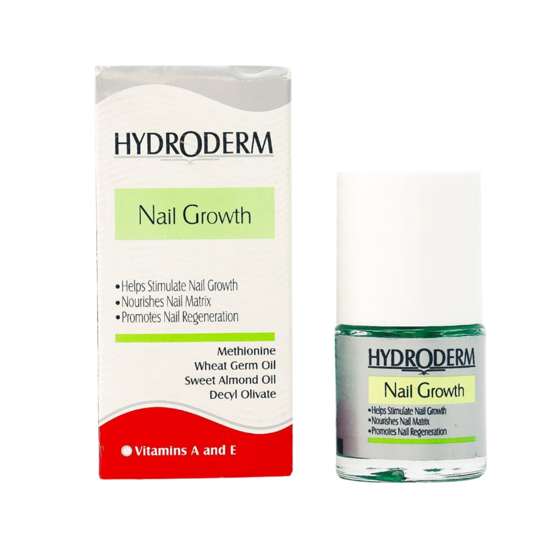 Hydroderm Nail Growth, 10ml, with white cap, green base, designed to stimulate nail growth and regeneration.
