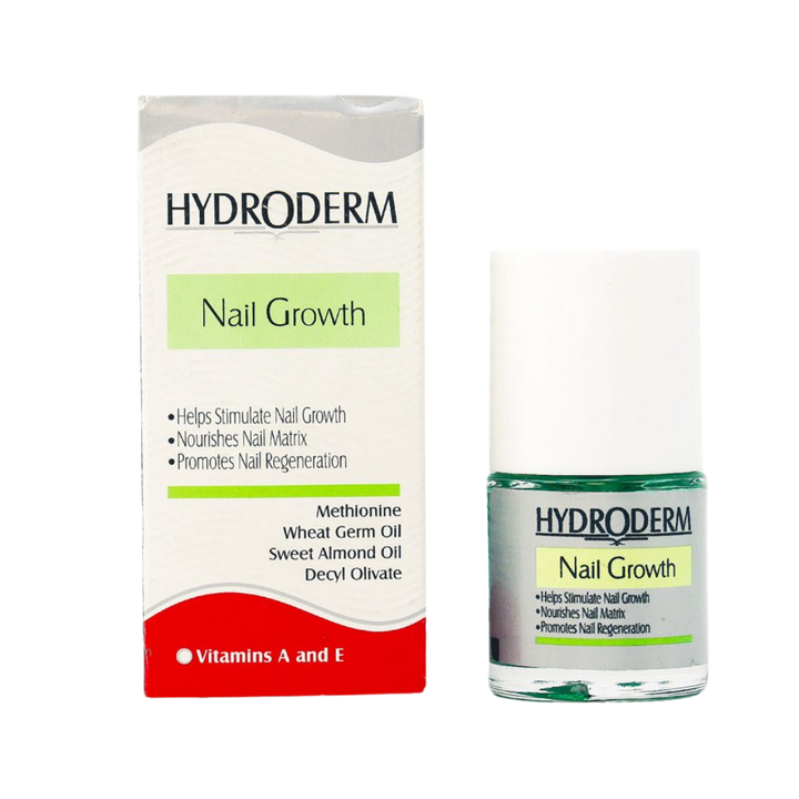 Hydroderm Nail Growth, 10ml, with white cap, green base, designed to stimulate nail growth and regeneration.
