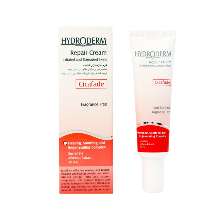 Hydroderm Repair Cream, 50ml, with CicaFade, fragrance-free, for irritated and damaged skin, containing sucralfate, mimosa extract, and zinc/copper.
