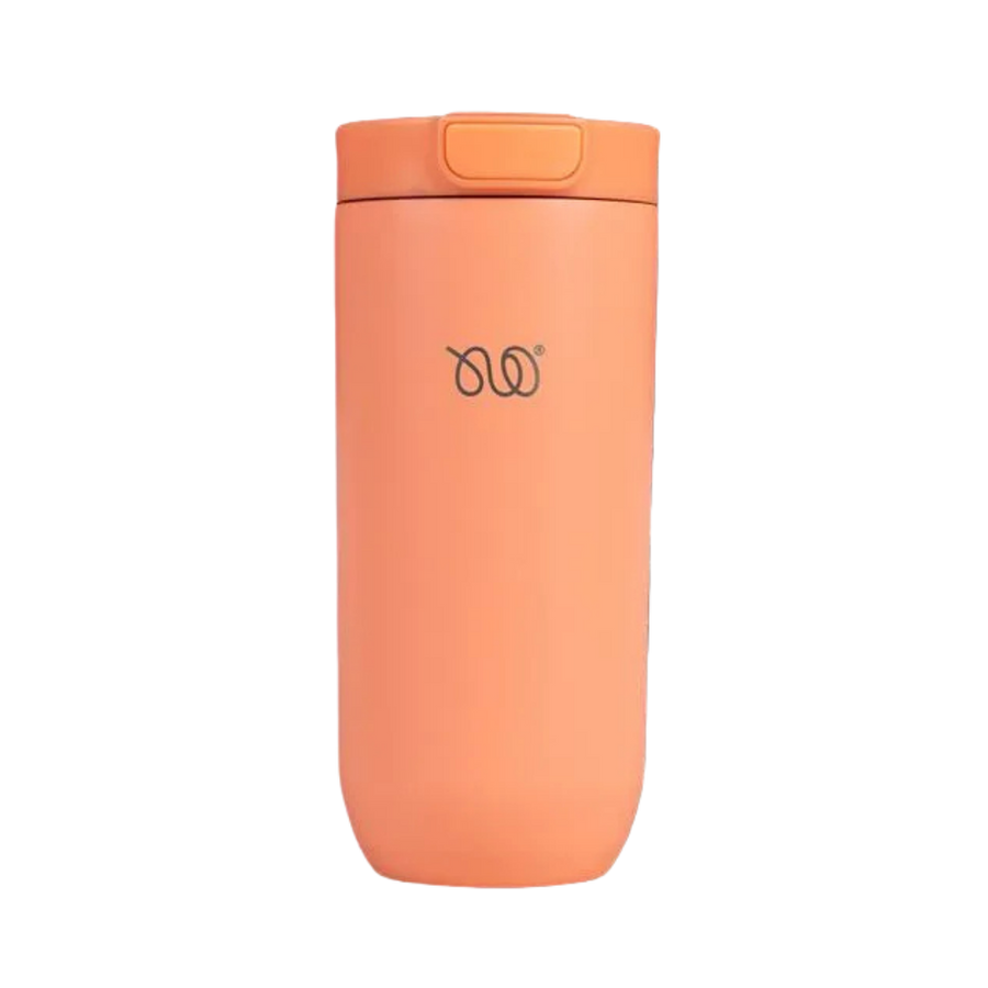 Hala orange insulated travel mug, 350ml capacity, with a secure lid and logo on the front.
