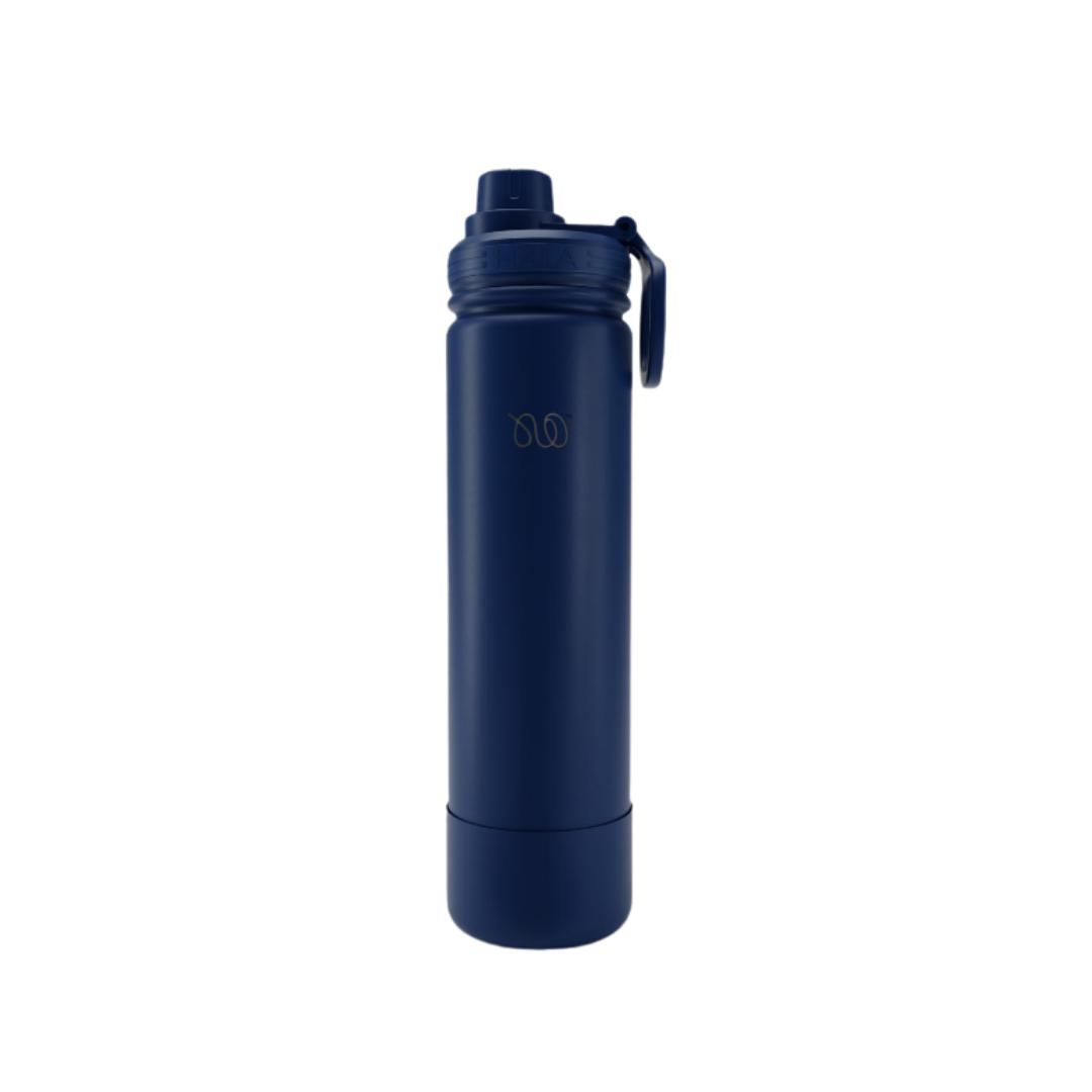 Blue water bottle with a screw cap and carrying handle, featuring a minimalistic logo.