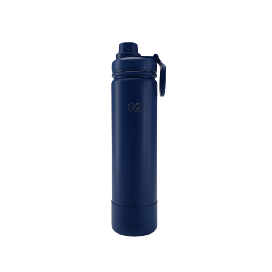 Blue water bottle with a screw cap and carrying handle, featuring a minimalistic logo.