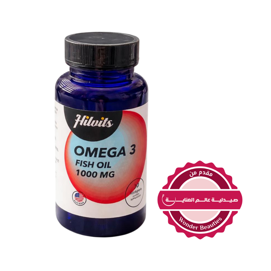 Hilwits Omega 3 fish oil 1000 mg dietary supplement capsules bottle with black cap packaging
