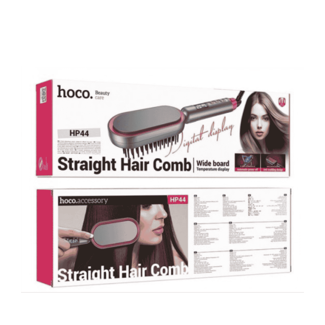 Hoco HP44 electric straight hair comb with wide board and digital temperature display in box.