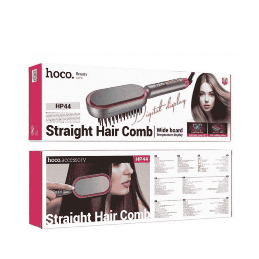 Hoco HP44 electric straight hair comb with wide board and digital temperature display in box.