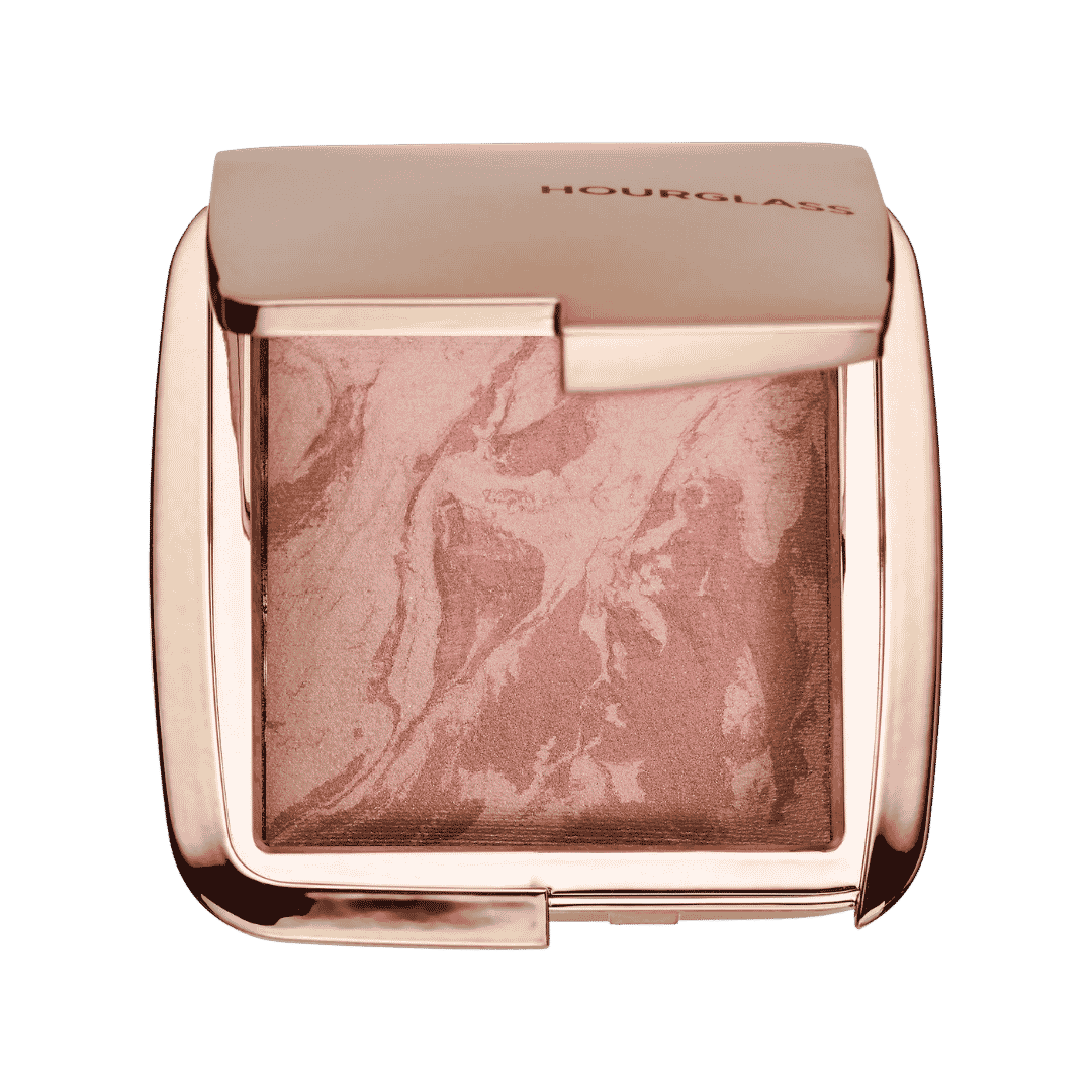 Hourglass Ambient Lighting Blush in rose gold compact with pink marbled powder pan