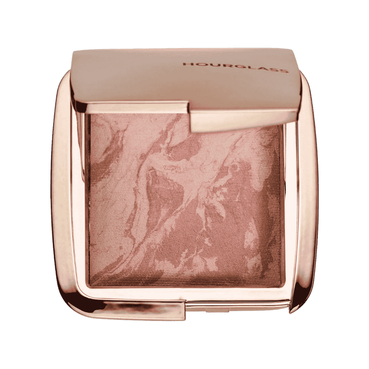 Hourglass Ambient Lighting Blush in rose gold compact with pink marbled powder pan