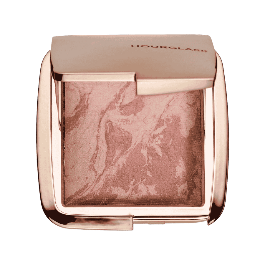 Hourglass Ambient Lighting Blush in rose gold compact with pink marbled powder pan