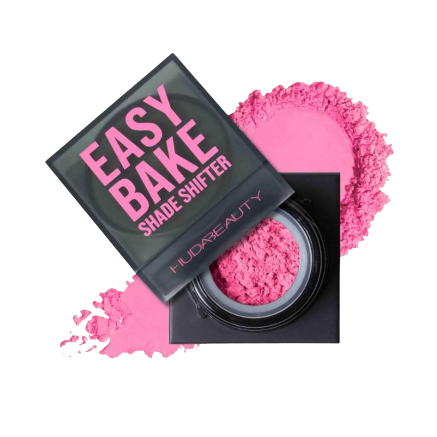 Huda Beauty Easy Bake Shade Shifter powder, 1g, Blushed Pink, in black square compact packagin