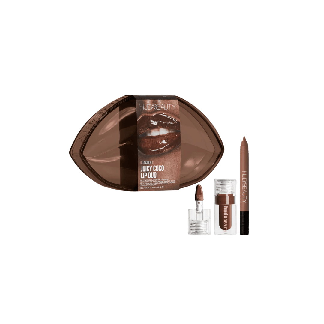 Huda Beauty Juicy Coco Lip Duo brown kit with lip liner, gloss, and case