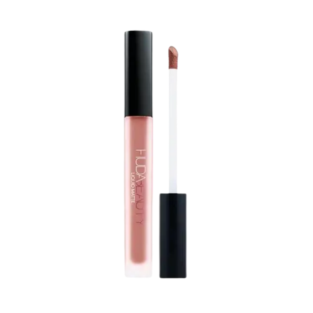 Huda Beauty Liquid Matte lipstick nude shade clear tube with black cap and doe foot applicator
