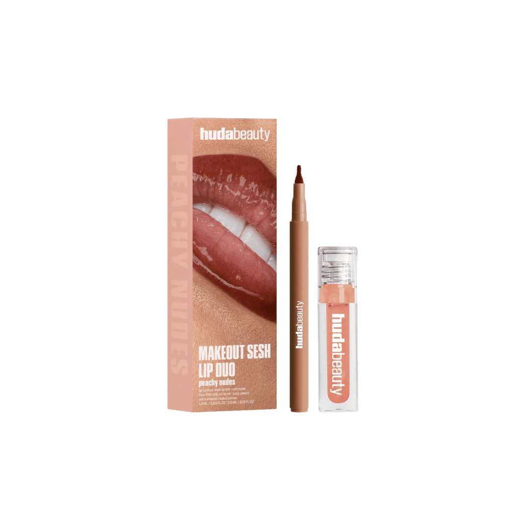 Huda Beauty Makeout Sesh Lip Duo peachy nudes with lip liner, gloss, and box