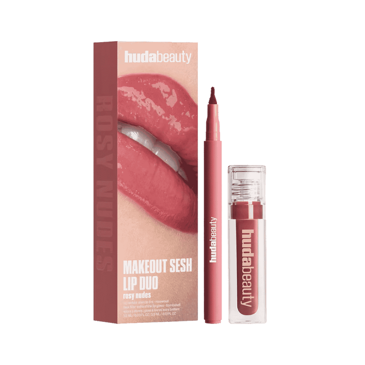 Huda Beauty Makeout Sesh Lip Duo Rosy Nudes set with lip stain and gloss.