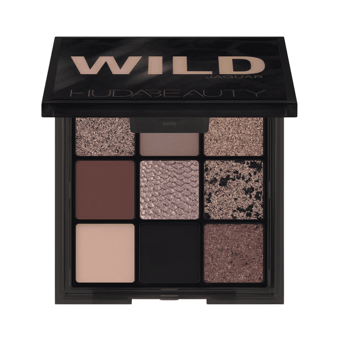 Huda Beauty Jaguar Wild Obsessions eyeshadow palette with nine pans and animal-print compact packaging.