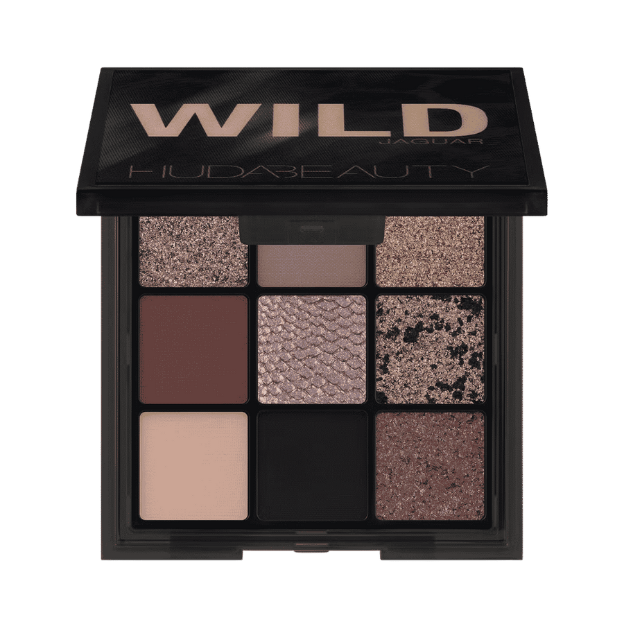 Huda Beauty Jaguar Wild Obsessions eyeshadow palette with nine pans and animal-print compact packaging.