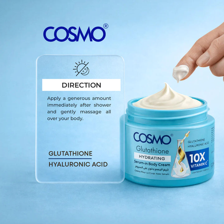 COSMO COSMETICS BODY CREAM SERUM-IN HYDRATING - 400ml |كوزمو كريم جسم مرطب بالسيروم والجلوتاثيون – 400 مل
