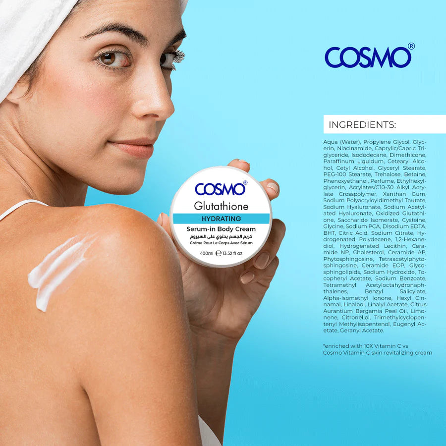 COSMO COSMETICS BODY CREAM SERUM-IN HYDRATING - 400ml |كوزمو كريم جسم مرطب بالسيروم والجلوتاثيون – 400 مل