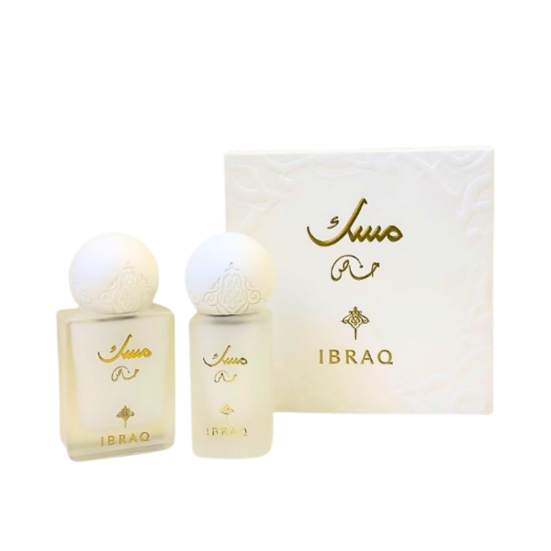 IBRAQ Musk perfume set with two white bottles and matching box, Arabic branding, rounded caps