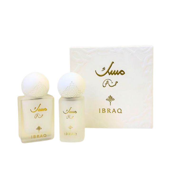 IBRAQ Musk perfume set with two white bottles and matching box, Arabic branding, rounded caps