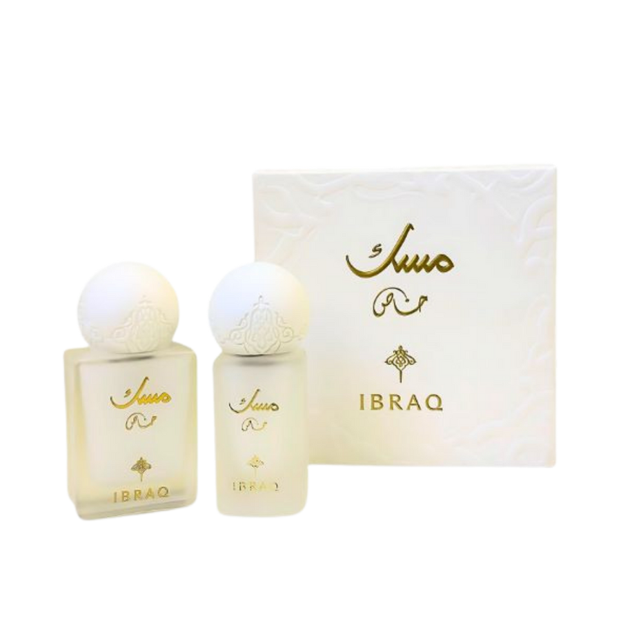 IBRAQ Musk perfume set with two white bottles and matching box, Arabic branding, rounded caps