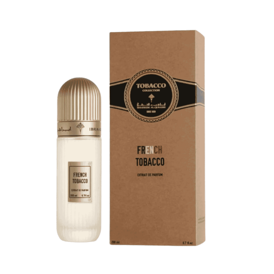 Ibrahim Alqurashi French Tobacco Extrait De Parfum 200ml, white ribbed bottle with beige tobacco collection box.