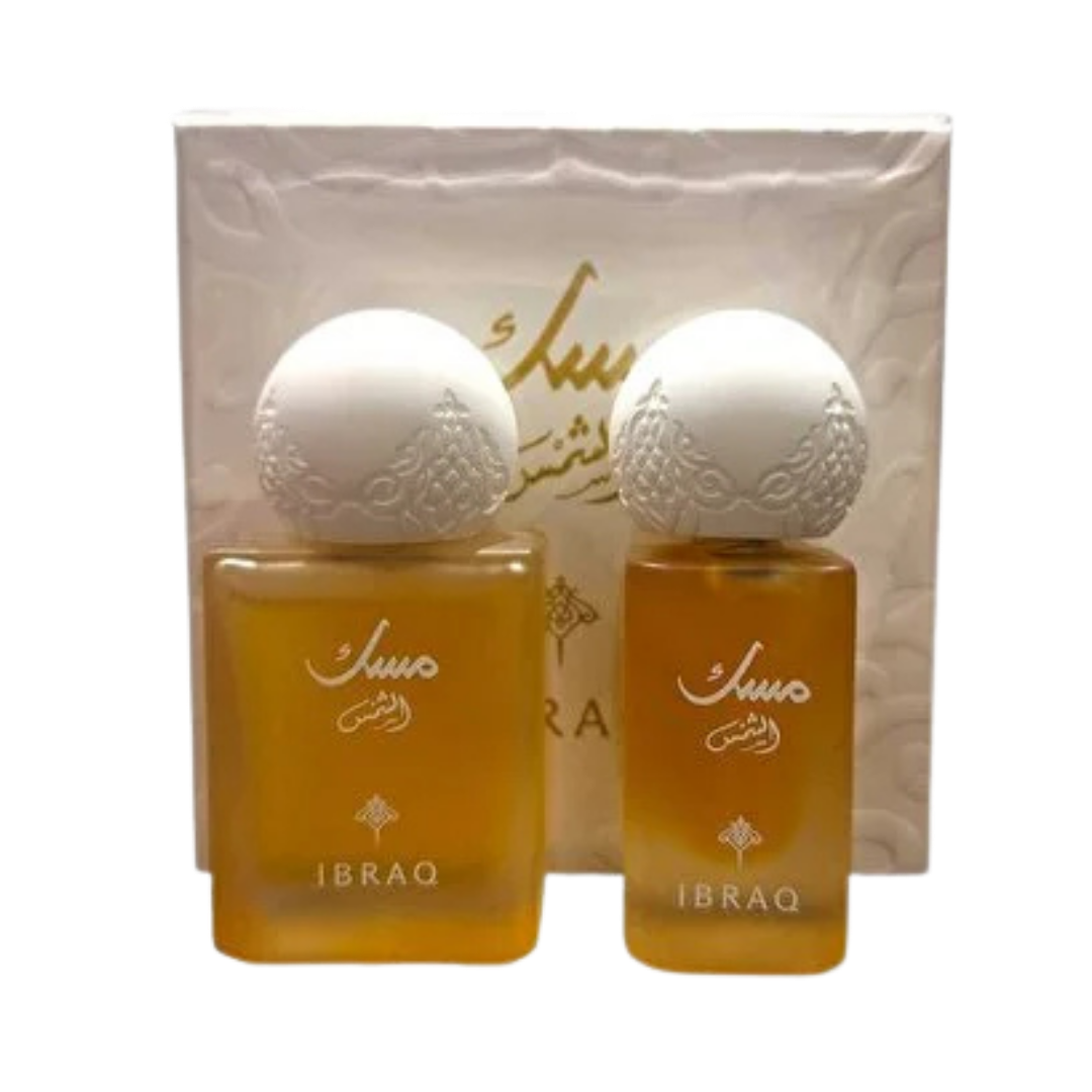 IBRAQ musk perfume set with two amber glass bottles and white embossed caps
