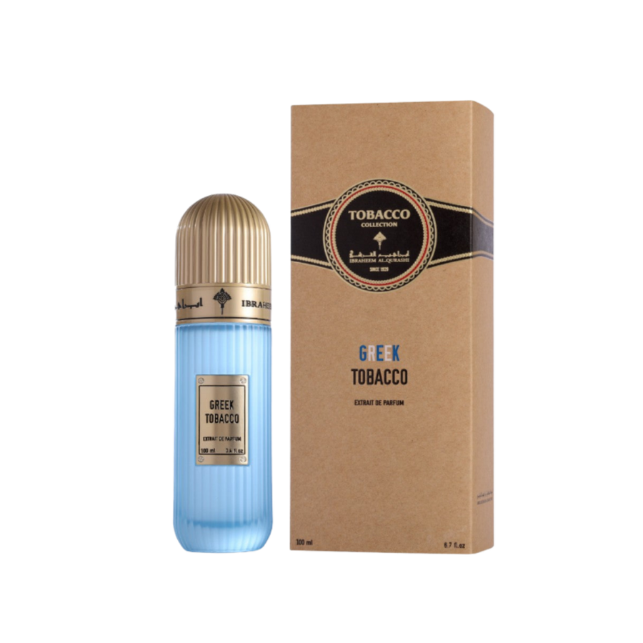 Ibrahim Al Qurashi Greek Tobacco extrait de parfum 100 ml blue bottle with beige box packaging
