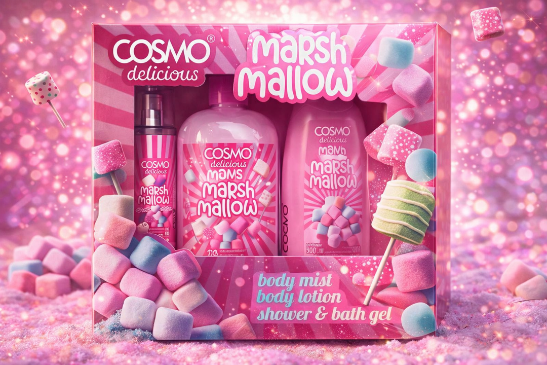 COSMO Marsh Mallow Cream Body Mist Body Lotion Shower & Bath Gel | كوزمو مجموعة العناية بالجسم برائحة المارشميلو