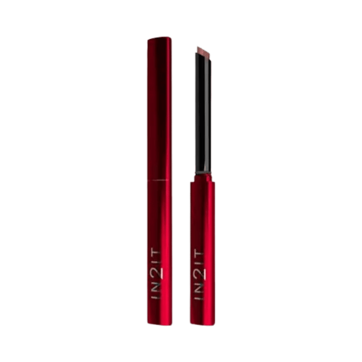 IN2IT Airblur Matte Lipstick 0.7g slim red metallic tube with angled nude lipstick tip