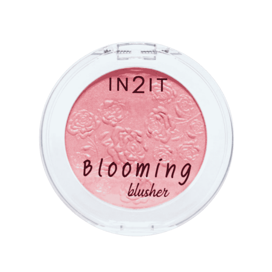 IN2IT Blooming Blusher pink embossed powder blush compact with transparent round packaging and floral design
