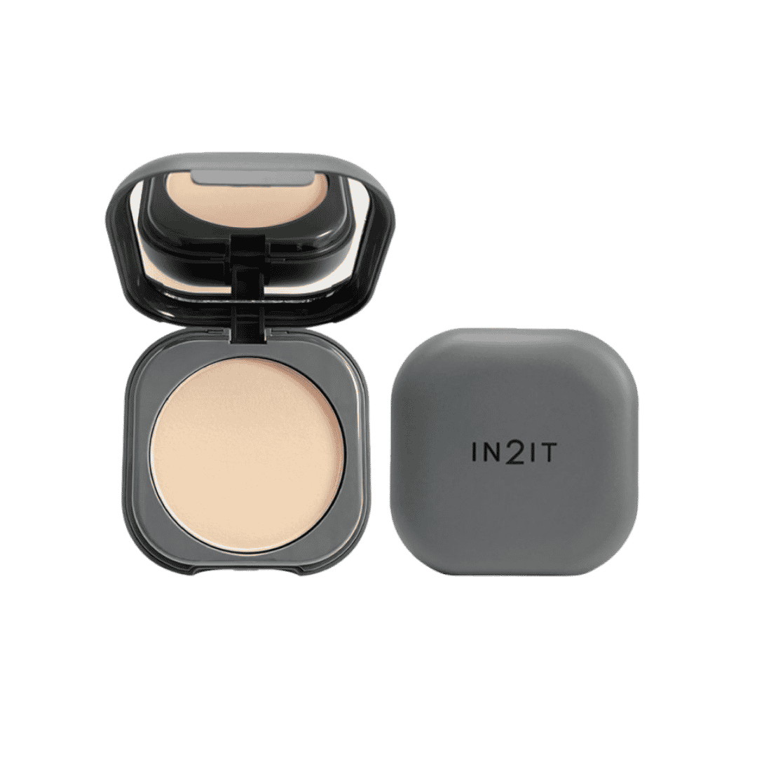 IN2IT pressed powder compact with mirror and beige powder pan in dark gray square case