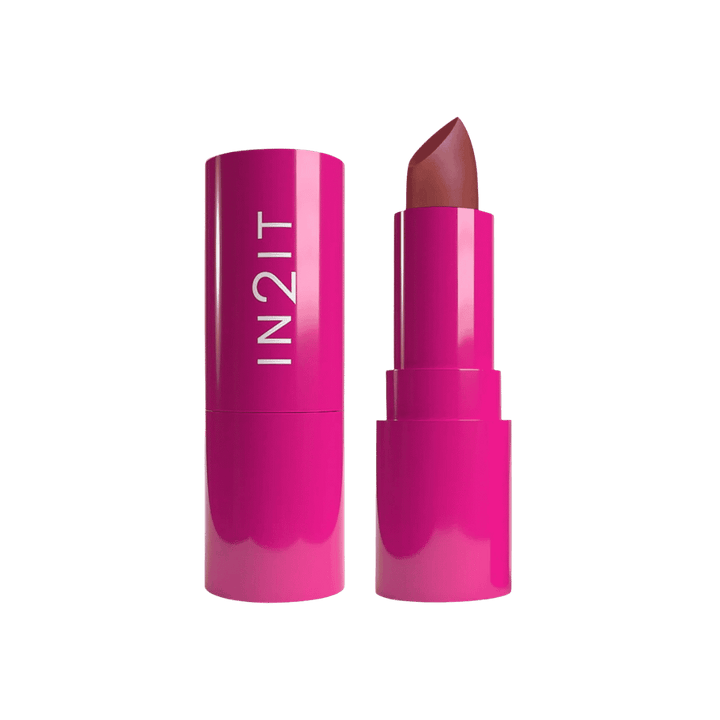 IN2IT Forever Matte Lipstick 1.5g in bright pink tube packaging with nude rose lipstick shade