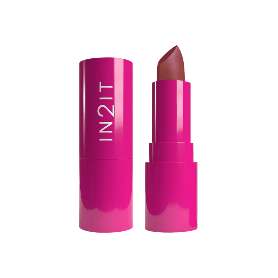 IN2IT Forever Matte Lipstick 1.5g in bright pink tube packaging with nude rose lipstick shade